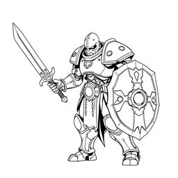 Line art of a warforged warrior with a human-like appearance, wielding a detailed sword and shield on a plain white background