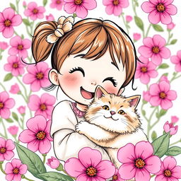 A cute, cheerful girl with a wide smile, depicted in a hand-drawn cartoon style, is surrounded by bright pink flowers