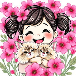 A cute, cheerful girl with a wide smile, depicted in a hand-drawn cartoon style, is surrounded by bright pink flowers