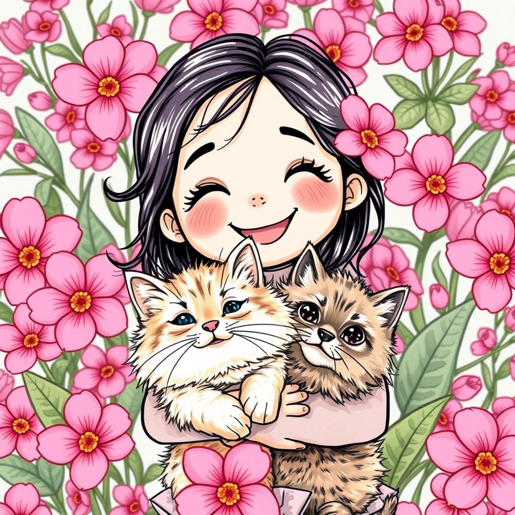 A cute, cheerful girl with a wide smile, depicted in a hand-drawn cartoon style, is surrounded by bright pink flowers