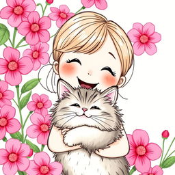 A cute, cheerful girl with a wide smile, depicted in a hand-drawn cartoon style, is surrounded by bright pink flowers
