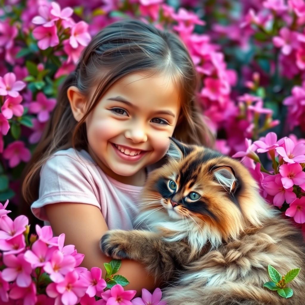 A cute, cheerful, smiling girl with a chic fluffy cat, surrounded by vibrant pink flowers