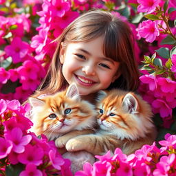 A cute, cheerful, smiling girl with a chic fluffy cat, surrounded by vibrant pink flowers