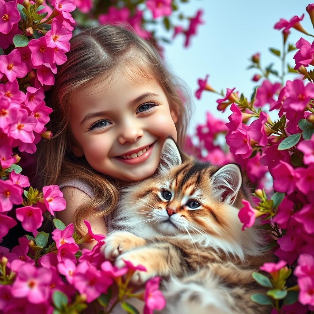 A cute, cheerful, smiling girl with a chic fluffy cat, surrounded by vibrant pink flowers