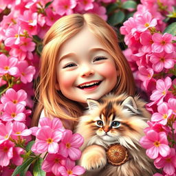 A cute, cheerful, smiling girl with a chic fluffy cat, surrounded by vibrant pink flowers