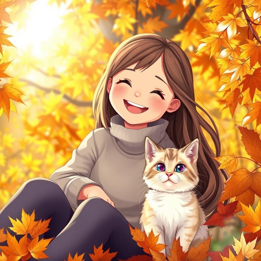 A beautiful, cheerful, smiling girl with long hair joyfully sitting among bright autumn leaves, with a chic, fluffy cat by her side