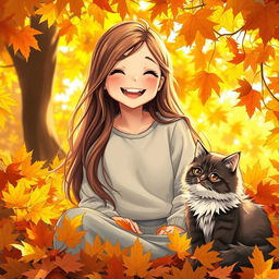 A beautiful, cheerful, smiling girl with long hair joyfully sitting among bright autumn leaves, with a chic, fluffy cat by her side