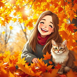 A beautiful, cheerful, smiling girl with long hair joyfully sitting among bright autumn leaves, with a chic, fluffy cat by her side