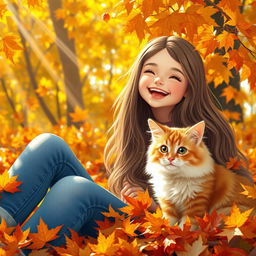 A beautiful, cheerful, smiling girl with long hair joyfully sitting among bright autumn leaves, with a chic, fluffy cat by her side