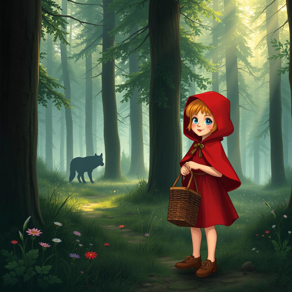 Little Red Riding Hood standing in a mystical forest, wearing her iconic red cape and hood, holding a basket