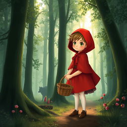 Little Red Riding Hood standing in a mystical forest, wearing her iconic red cape and hood, holding a basket