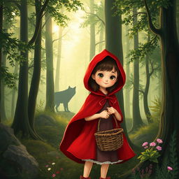 Little Red Riding Hood standing in a mystical forest, wearing her iconic red cape and hood, holding a basket