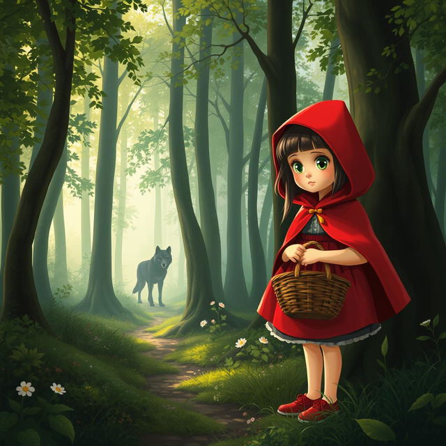 Little Red Riding Hood standing in a mystical forest, wearing her iconic red cape and hood, holding a basket