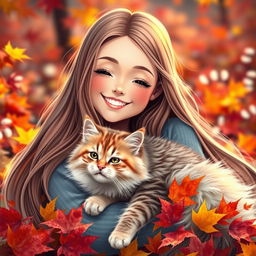 Beautiful cheerful smiling girl with long hair, cradling a chic fluffy cat among bright autumn leaves