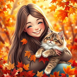 Beautiful cheerful smiling girl with long hair, cradling a chic fluffy cat among bright autumn leaves