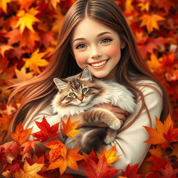 Beautiful cheerful smiling girl with long hair, cradling a chic fluffy cat among bright autumn leaves