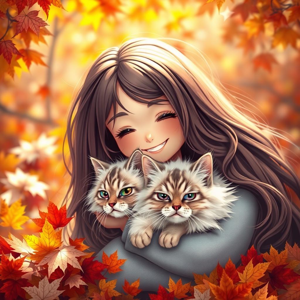 Beautiful cheerful smiling girl with long hair, cradling a chic fluffy cat among bright autumn leaves