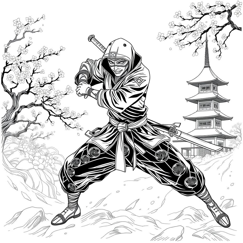 A dynamic and intricate line art depiction of a stealthy ninja in motion