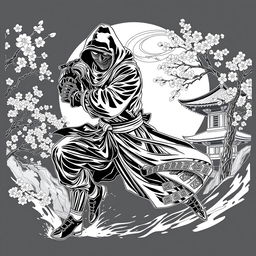 A dynamic and intricate line art depiction of a stealthy ninja in motion