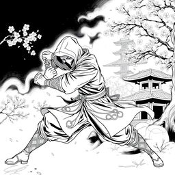 A dynamic and intricate line art depiction of a stealthy ninja in motion