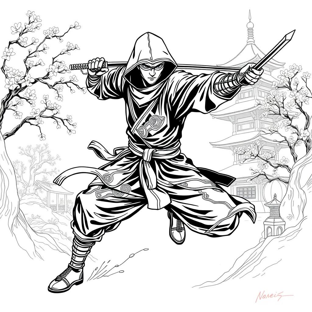 A dynamic and intricate line art depiction of a stealthy ninja in motion