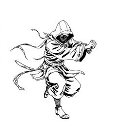 A dynamic and intricate line art depiction of a stealthy ninja in motion