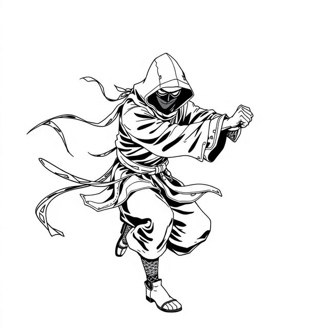 A dynamic and intricate line art depiction of a stealthy ninja in motion