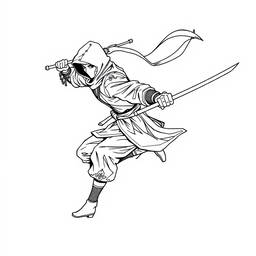 A dynamic and intricate line art depiction of a stealthy ninja in motion