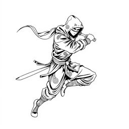 A dynamic and intricate line art depiction of a stealthy ninja in motion