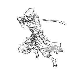 A dynamic and intricate line art depiction of a stealthy ninja in motion