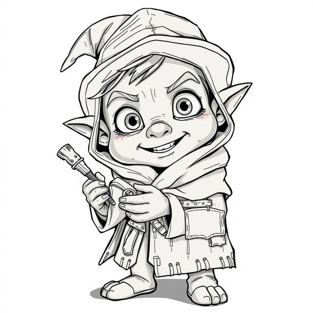 a realistic humanoid stealer character with child-like attributes, featuring detailed line art
