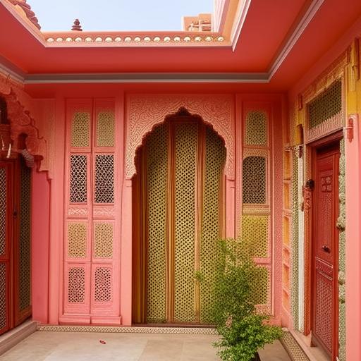 A traditional, intricately designed Indian Desi house with vibrant colors, ornate decorations, and a welcoming courtyard.