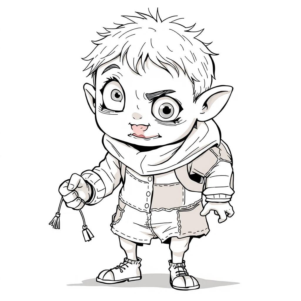 a realistic depiction of a mischievous stealer with child-like characteristics, captured through intricate line art