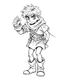 an intriguing medieval teenager stealer character, captured in detailed line art without any background