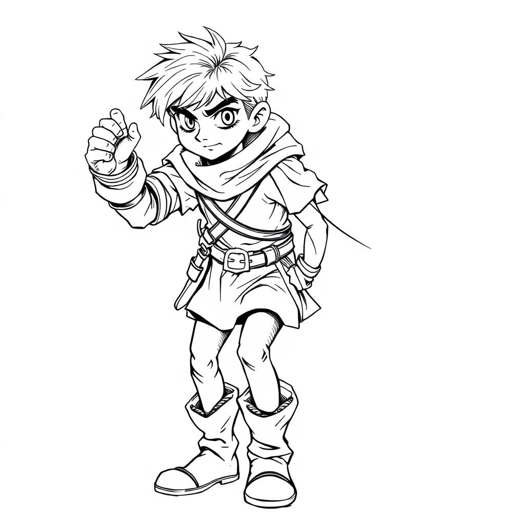 an intriguing medieval teenager stealer character, captured in detailed line art without any background
