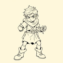 an intriguing medieval teenager stealer character, captured in detailed line art without any background