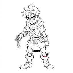 an intriguing medieval teenager stealer character, captured in detailed line art without any background