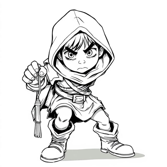 an intriguing medieval teenager stealer character, captured in detailed line art without any background