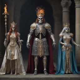 A skeleton royal court scene with a knight in robust armor, a king adorned with a gem-studded crown, a mage with an ancient staff, a skeletal horse with ghostly flame mane, and a queen in a regal robe.