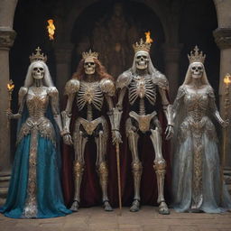 A skeleton royal court scene with a knight in robust armor, a king adorned with a gem-studded crown, a mage with an ancient staff, a skeletal horse with ghostly flame mane, and a queen in a regal robe.