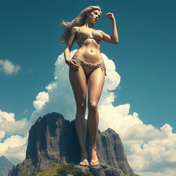 A colossal woman in a bikini, towering at an impressive height of 300 meters, standing gracefully