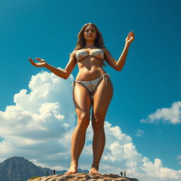 A colossal woman in a bikini, towering at an impressive height of 300 meters, standing gracefully