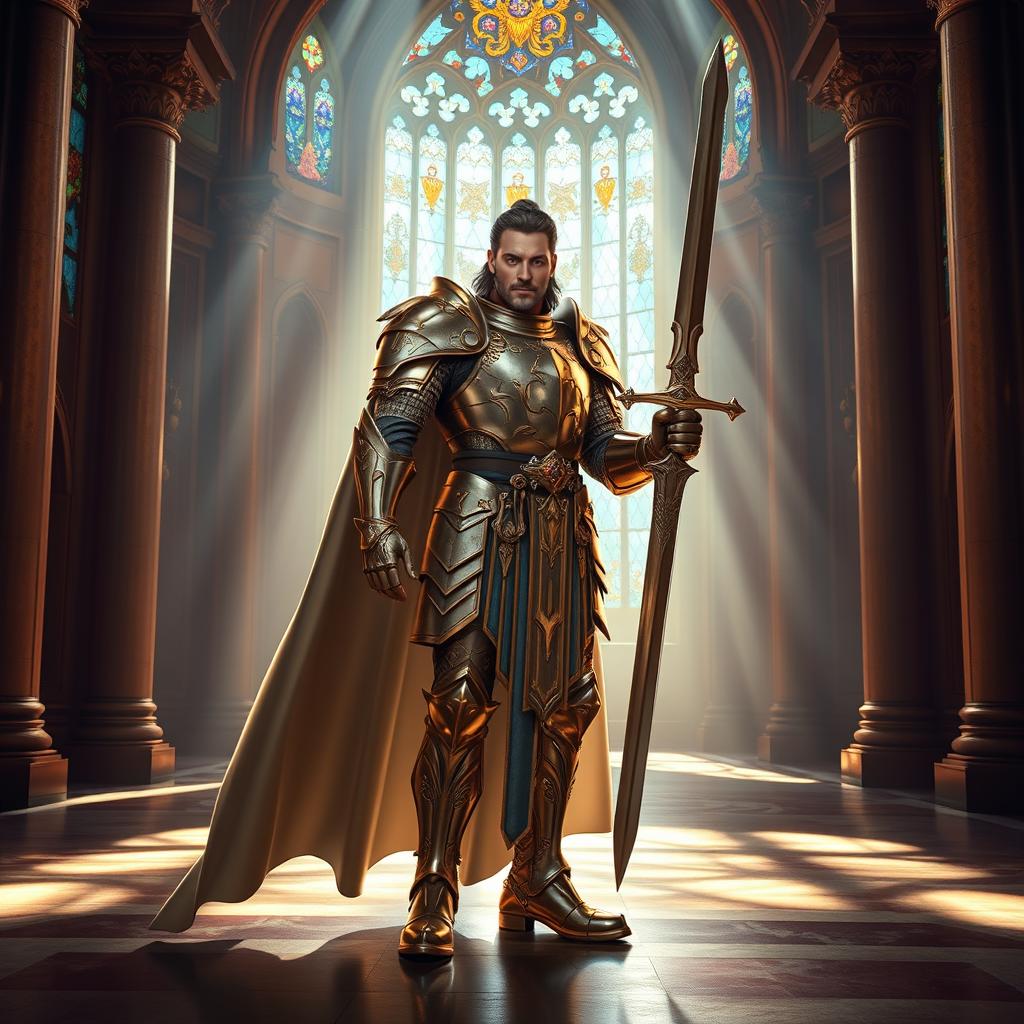 A majestic human paladin standing in a grand hall, wearing gleaming, ornate plate armor adorned with golden details and carrying a shining silver sword