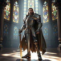 A majestic human paladin standing in a grand hall, wearing gleaming, ornate plate armor adorned with golden details and carrying a shining silver sword