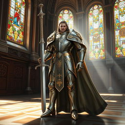 A majestic human paladin standing in a grand hall, wearing gleaming, ornate plate armor adorned with golden details and carrying a shining silver sword