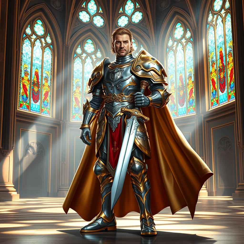 A majestic human paladin standing in a grand hall, wearing gleaming, ornate plate armor adorned with golden details and carrying a shining silver sword