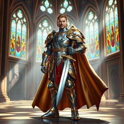 A majestic human paladin standing in a grand hall, wearing gleaming, ornate plate armor adorned with golden details and carrying a shining silver sword