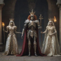 A skeleton royal court scene with a knight in robust armor, a king adorned with a gem-studded crown, a mage with an ancient staff, a skeletal horse with ghostly flame mane, and a queen in a regal robe.