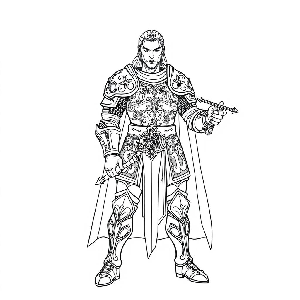 Line art of a human paladin, depicted in fine, intricate detail