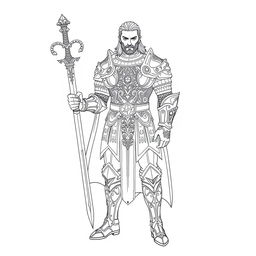 Line art of a human paladin, depicted in fine, intricate detail